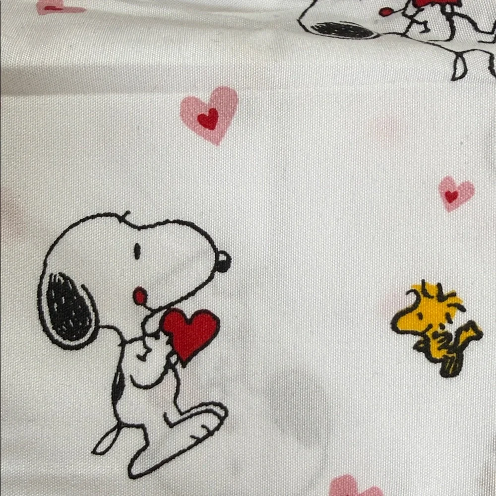 Peanuts Snoopy and Woodstock white, pink, yellow, black and red Twin Sheet Set.